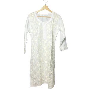 Womens Kurta Floral Long Sleeve Embroidered Blouse V Neck u Longline Shirt Tunic